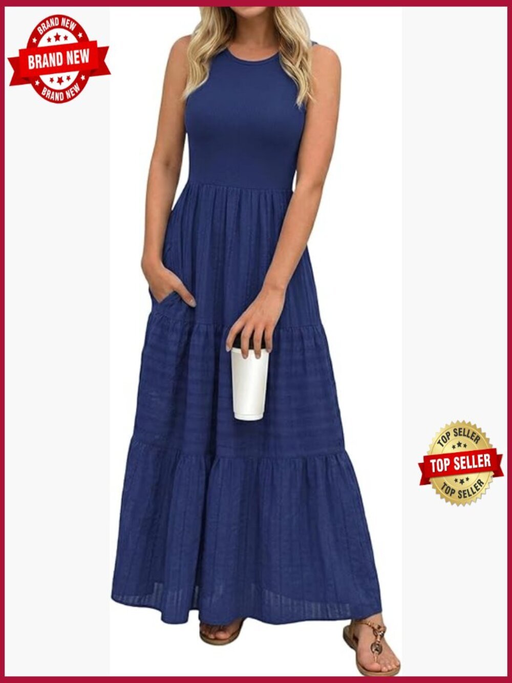 Sleeveless A-Line Maxi Dress with Pockets for Casual or Formal